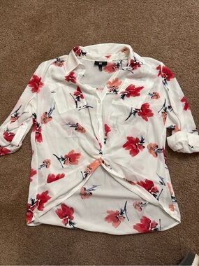 Iz Byer White Blouse with Red and Coral Floral Print